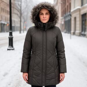 Calvin Klein Down Coat Long Puffer Jacket PM Faux Fur Hood Gray